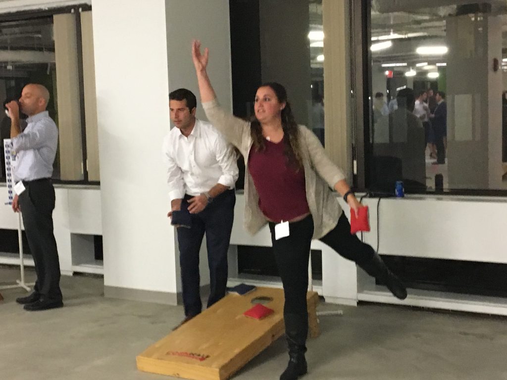 Meaghan McClintock with a perfect cornhole toss.